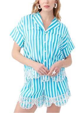 Gideon Striped Blue & White Lace-Trim Top